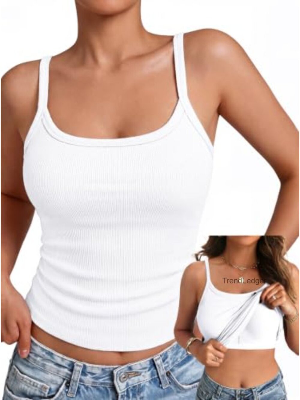 Ribbed Built-in Bra Tank Top Racerback Scoop Neck Padded Cami Workout